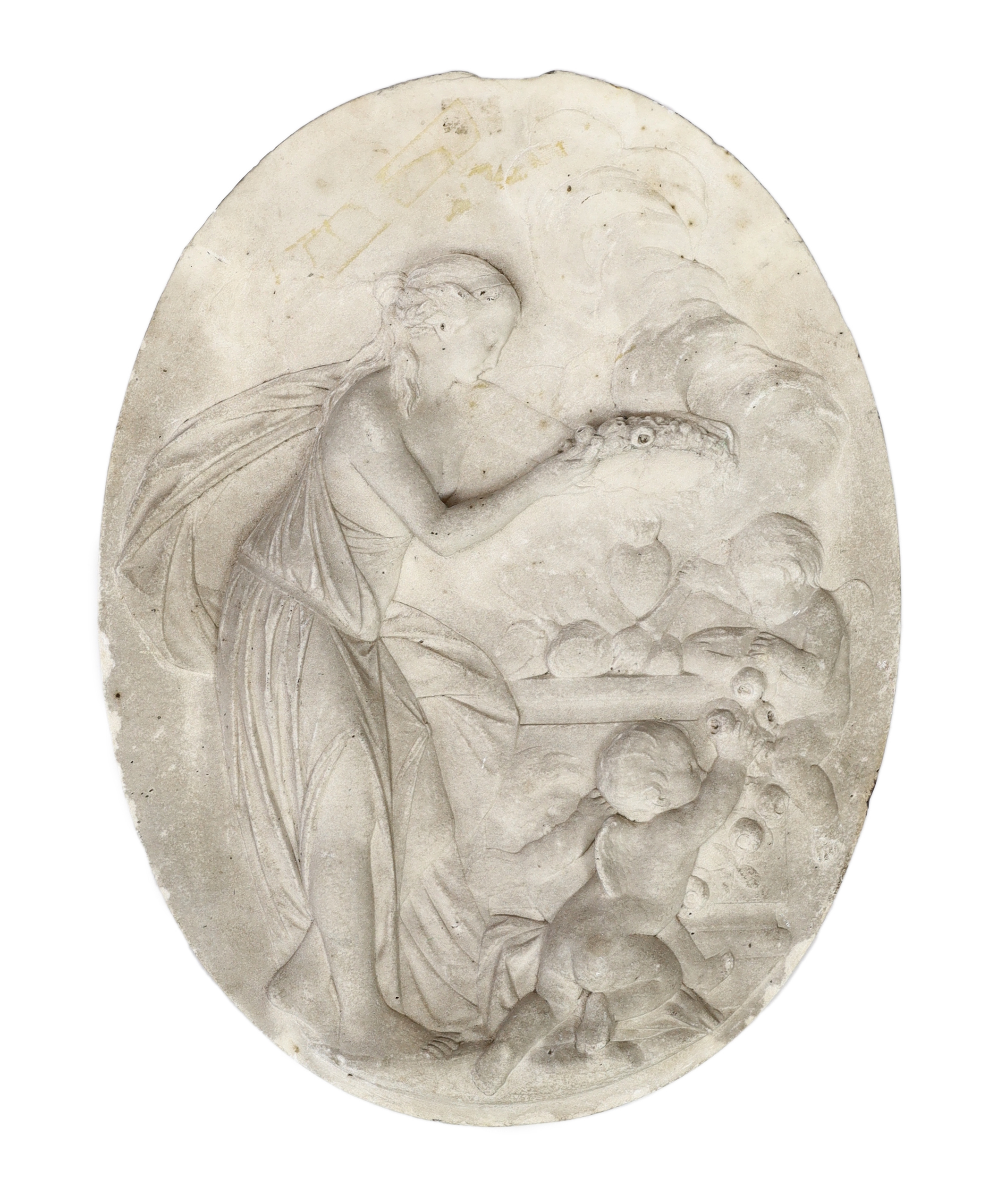 An 18th century French carved white marble relief plaque, 43cm wide, 57cm high